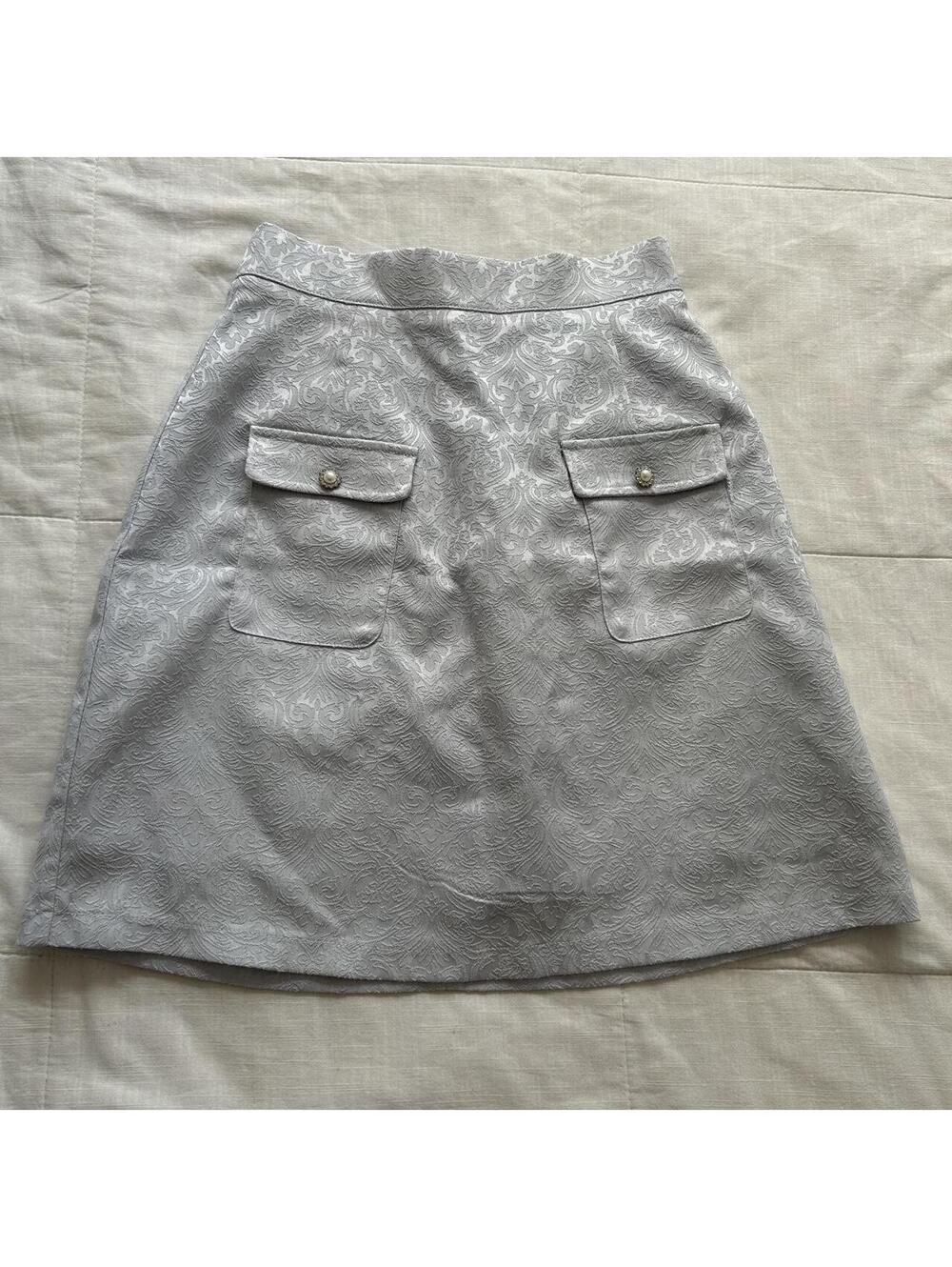 Ank Rouge Silver Gray Floral Damask Jacquard Pearl Pocket Mini Skirt XS
